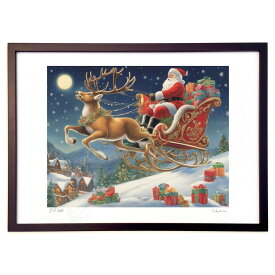 版画 サンタのそりで (空木眠兎)インテリア 壁掛け 額入り 風景画 ポスター アート リビング 玄関に飾る 風水 プレゼント モダン アートフレーム