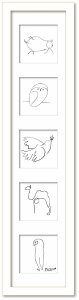 【抽選ポイント100%バック】名画 ラインアート パブロ・ピカソ 署名入り 一筆書き動物 アニマル5連フレーム ブタ フクロウ 平和のハト ラクダ ペンギン ホワイトフレーム Mサイズ 額入り シ