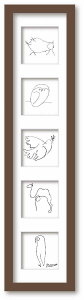 【抽選ポイント100%バック】名画 ラインアート パブロ・ピカソ 署名入り 一筆書き動物 アニマル5連フレーム ブタ フクロウ 平和のハト ラクダ ペンギン ブラウンフレーム Mサイズ 額入り シ