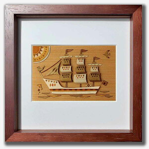 【抽選ポイント100%バック】本格木工細工 木はり絵手作りキット 帆船 額付き ブラウンフレーム 立てかけ ビギナーレベル /インテリア 額入り 額装込 子供部屋 プレゼント アートフレーム