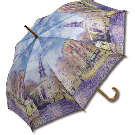 傘 名画木製ジャンプ傘（モネ「水辺の教会」） おしゃれ レディース 長傘 レイングッズ 雨の日 おでかけ 雨 雨傘 ワンタッチ 58cm 大きめ 5Lサイズ