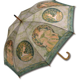 傘 名画木製ジャンプ傘（ミュシャ「蔦と夢想」） おしゃれ レディース 長傘 レイングッズ 雨の日 おでかけ 雨 雨傘 ワンタッチ 58cm 大きめ 5Lサイズ