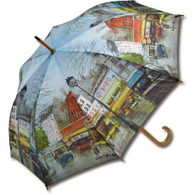 傘 名画木製ジャンプ傘（ジョルジュ B. 「パリストリート」） おしゃれ レディース 長傘 レイングッズ 雨の日 おでかけ 雨 雨傘 ワンタッチ 58cm 大きめ 5Lサイズ