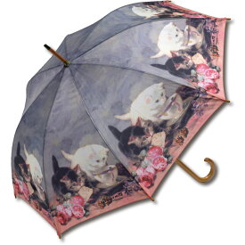 傘 名画木製ジャンプ傘（ヘンリエッテ ロナーニップ「キャット・フレンド」） おしゃれ レディース 長傘 レイングッズ 雨の日 おでかけ 雨 雨傘 ワンタッチ 58cm 大きめ 5Lサイズ