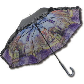 傘 名画フリルジャンプ傘～晴雨兼用～（モネ「水辺の教会」） 日傘 雨傘 おしゃれ レディース 長傘 レイングッズ 雨の日 おでかけ 58cm 大きめ 雨 ワンタッチ UVカット 5Lサイズ