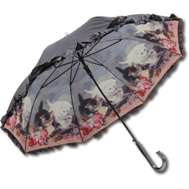 傘 名画フリルジャンプ傘～晴雨兼用～（ヘンリエッテ ロナーニップ「キャット・フレンド」） 日傘 雨傘 おしゃれ レディース 長傘 レイングッズ 58cm 大きめ 雨 雨の日 おでかけ UVカット ワンタッチ 5Lサイズ
