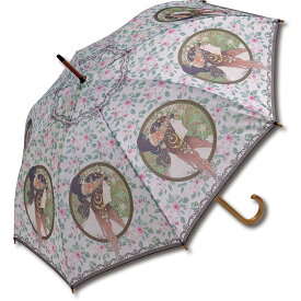傘 名画木製ジャンプ傘（ミュシャ「ブルネット」） おしゃれ レディース 長傘 雨傘 大きめ レイングッズ 雨の日 おでかけ 雨 ワンタッチ 58cm 5Lサイズ