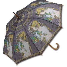 傘 名画木製ジャンプ傘（ミュシャ「羽根」） おしゃれ レディース 長傘 雨傘 大きめ レイングッズ 雨の日 おでかけ 雨 ワンタッチ 58cm 5Lサイズ