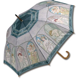 傘 名画木製ジャンプ傘（ミュシャ「時の流れ」） おしゃれ レディース 長傘 雨傘 大きめ レイングッズ 雨の日 おでかけ 雨 ワンタッチ 58cm 5Lサイズ