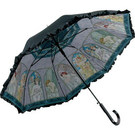 傘 名画フリルジャンプ傘～晴雨兼用～（ミュシャ「時の流れ」） 日傘 雨傘 おしゃれ レディース 長傘 レイングッズ 雨の日 おでかけ 58cm 大きめ 雨 ワンタッチ UVカット 5Lサイズ