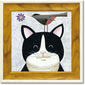 絵画 ミニゲル アートフレーム ジャネット ネルソン「フローラル ニャージカル」 ゆうパケット 額入 インテリア 玄関に飾る絵 卓上 かわいい 鳥 猫 動物 プレゼント アートフレーム リビン