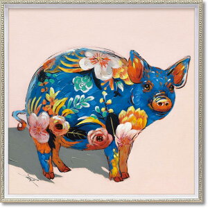 絵画 オイル ペイント アート「ペイント ピッグ(Mサイズ)」 油絵 額入 カラフル ブタ 手描き 動物画 花柄 インテリア 壁掛 アート プレゼント モダン リビング 玄関 に 飾る オフィス 店舗