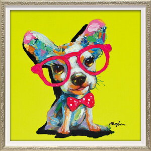 【抽選ポイント100%バック】絵画 オイル ペイント アート タイト イエロー(Sサイズ) インテリア 壁掛け 手描き 油絵 おしゃれ 絵 かわいい 犬 いぬ カラフル リビング に 飾る ギフト プレ