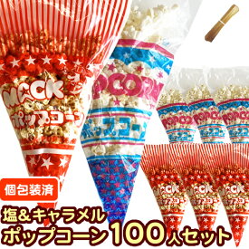 【完成品●個包装済】【塩＆キャラメル味】イベントポップコーン 100人分セット【塩ポップコーン(20g)50人分 キャラメルポップコーン(30g)50人分 モールタイ100本付】［バザー 業務用 縁日 景品 子供 子供会 お菓子 文化祭 学園祭 パーティ ゴルフコンペ］