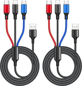 3in1 充電 ケーブル 【1.2M 2本セット】 iphone 充電ケーブル usb ケーブ3A 急速充電 3イン1 充電コード USB Type C ケーブル Micro USB ケーブル ライトニング 充電ケーブル 3台同時給電 android タイプC 15 14