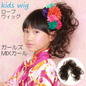 ウィッグ キッズ つけ毛 子供用 ヘアアクセサリー ロープウィッグ 「ガールズ・MIXカール」 七五三 撮影 ウイッグ つけ毛 髪飾り 3歳 7歳 子ども 女の子 付け毛 お団子 付け髪 ダンス 着物 初詣 お祝い 浴衣