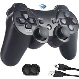 [マラソン期間中ポイント5倍]PS3 コントローラーDUALSHOCK3用 コントローラー Bluetooth 振動機能 ワイヤレス ゲームパッド USB ケーブル PS3 アシストキャップ 2枚付き (ブラック)