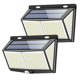センサーライト 288LED ソーラーライト 3つ知能モード Focondot 4面発光 人感センサー 屋外照明 太陽光発電 省エネ 防水 防犯ライト 自動点灯 両面テープ付き 壁掛け/庭/柵/玄関/ガーデンライト/駐車場/地震/停電時適用 2個セット