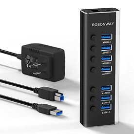 [マラソン期間中ポイント5倍]USBハブ 3.0 ROSONWAY アルミ製 7ポート USB3.0 Hub 24W電源付き バスパワーとセルフパワー両用 独立スイッチ 5Gbps高速転送、12V/2A ACアダプター(RSH-A37S)