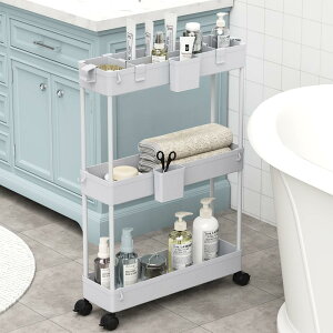 SPACEKEEPER キッチンワゴン 隙間収納 スリム 13cm 収納カップ 仕切板付き 多機能 小物 食品 調味料 キャスター付き 組立簡単 浴室 台所 冷蔵庫横 3段 グレイ