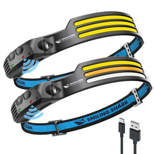 Smiling Shark �[�d�� LED �w�b�h���C�g, �y2023�N�ŐV���EPSE??�E���A���A�Ԍ�2�Z�b�g�z USB�[�d�\ 3 �{���P�x�A�E�g�h�A�w�b�h�����v 230°�L�p�Ɩ� �W�� ���y�� IPX4 �h���h�o 8���ԘA���g�p�\ 