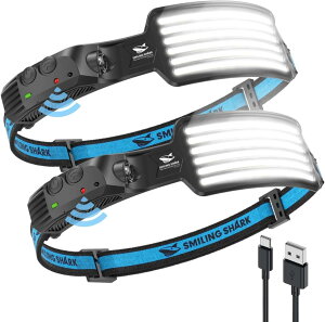 TD-0123 Smiling Shark �[�d�� LED �w�b�h���C�g, �y2023�N�ŐV���EPSE??�E����2�Z�b�g�z USB�[�d�\ 6 �{���P�x�A�E�g�h�A�w�b�h�����v 230°�L�p�Ɩ� �W�� ���y�� IPX4 �h���h�o 8���ԘA���g�p�\ �L