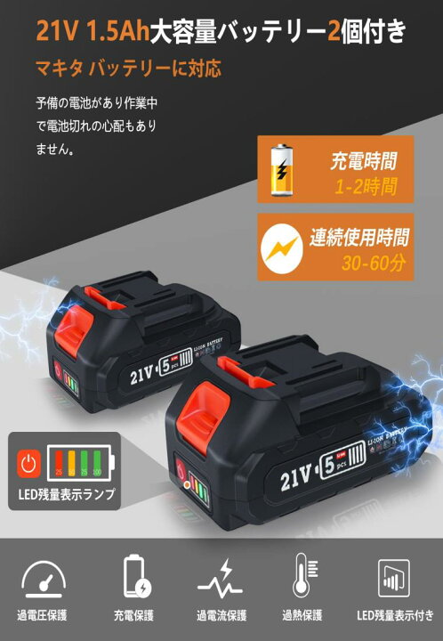 楽天市場】電動ドライバー ドリル 21v 1500mAh バッテリー2個付き 