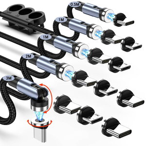 �}�O�l�b�g �[�d�P�[�u�� �y5�{�Z�b�g/0.5+1Mx2+2M+3M��12�R�l�N�^�z LED���C�g���� USB�P�[�u�� 3in1 �[�d�� �}�O�l�b�g 540°��]�\ �}���[�d �h�o USBC Micro USB Phone �S�@��/PlayStation�Ή� �u���[�V��