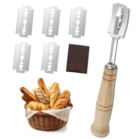 LIKENNY パンナイフ クープナイフ 替え刃式 ステンレス製 パン切りナイフ パンスライサー 湾曲ナイフ フランスパン用 パン切り包丁 パン作り道具 カバー付(替刃付5個) (A)