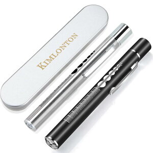 KIMLONTON ダブル光源 懐中電灯 小型 LED USB充電式 超軽量 高耐久 クリップ付き シルバーとブラック ペンライト2個セット 携帯便利 キャンプ アウトドア用ミニハンディライト 収納ボックス付