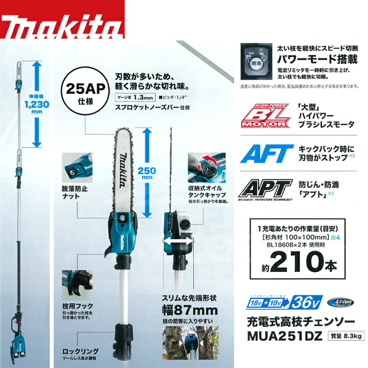 楽天市場】マキタ 充電式高枝チェーンソー MUA251DZ +PDC1200 