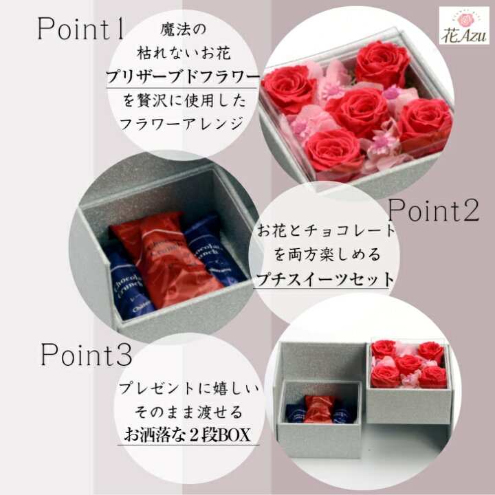 楽天市場 プチスイーツ フラワー2段box バレンタインお返し ホワイトデー 22 ボックスフラワー プレゼント プチ プリザーブドフラワー 誕生日 プレゼント チョコレート 母の日 友達 女性 母 彼女 妻 可愛い プリザーブドフラワーazurosa