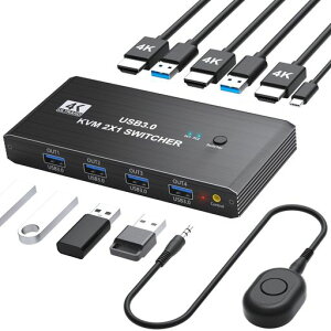 KVM�X�C�b�`, HDMI 2����1�o��4K@60Hz, USB 3.0 KVM �ؑ֊�p�\�R��2�䃂�j�^�[1��؂�ւ�, �p�\�R���ؑ֊�ɂ�4�{USB�|�[�g���L�L�[�{�[�h�ƃ}�E�X �v�����^�[/�X�L���i�[, ���܂��v�b�V���{�^���c