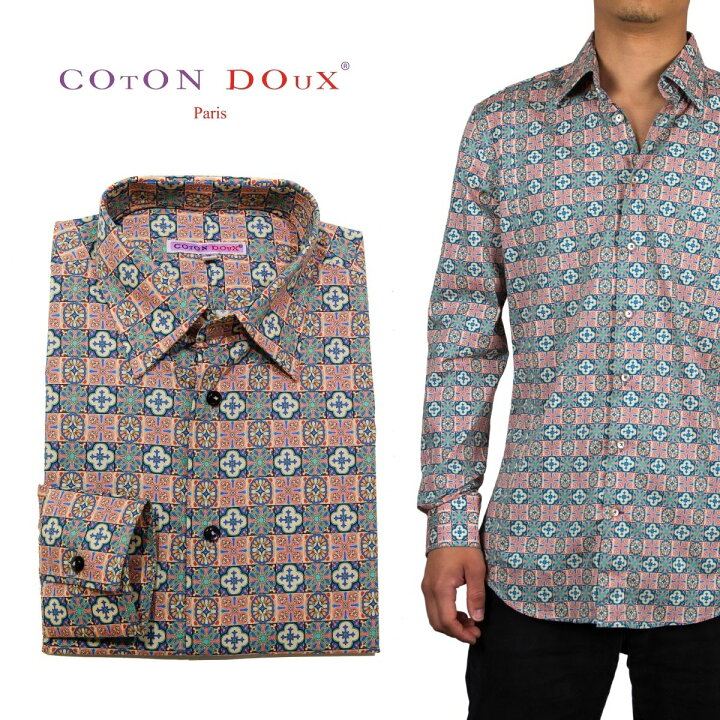 楽天市場 柄シャツ メンズ 長袖 大人 代 30代 40代 50代 60代 アズレホ タイル デザイン 男性 プレゼント 綺麗なシャツ お洒落 可愛い スリムフィット 大きいサイズ ブランド Coton Doux コトンドゥ M12ad2107azulejo Cotondoux コトンドゥ 楽天市場店