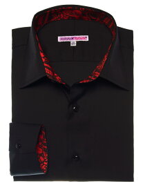 メンズ 長袖 無地黒シャツ 裏地は赤いメキシカンスカル 綿100％ 総柄シャツ 派手シャツ セレブファッション お洒落大人カジュアル｜CotonDoux コトンドゥ フランス イタリア高級 m522406