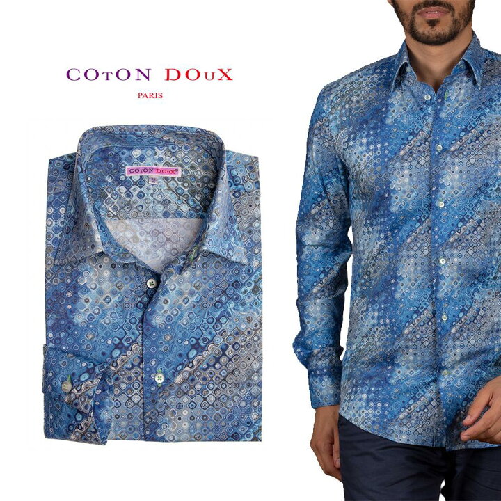 楽天市場 柄シャツ メンズ 長袖 カジュアルシャツ ドレスシャツ パーティー プリント 青 ポップアート セレブファッション ブランド Cotondoux コトンドゥ M92ad1780blue Cotondoux コトンドゥ 楽天市場店