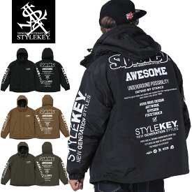 STYLEKEY(スタイルキー) シェルパーカー MANUAL SHELL PARKA(SK23FW-JK06) ロゴ テキスト 文字 特大プリント バックプリント 袖プリント ジャケット 中綿 アウター ブルゾン フード パーカー メンズ ファッション ストリート系 B系 ヒップホップ