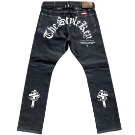 STYLEKEY スタイルキー デニムパンツ HOLINESS SLIM DENIM PANTS(SK24SP-PT01) ロゴ 十字架 ヒップ プリント オールドイングリッシュ 日本製 岡山県児島産 スリム インディゴ 生 メンズ ファッション ヒップホップ B系 ストリート系 レゲエ ロック バンド 大きいサイズ 40