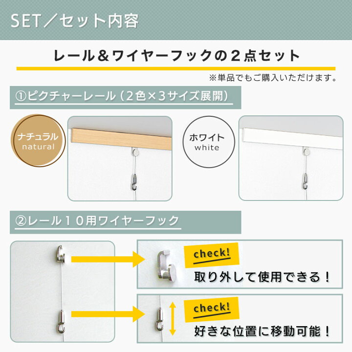 楽天市場 ウォールメイツ正規品 ピクチャーレール セット レール10 180cm 2色 内容 レール 1本 ホワイト ナチュラル ワイヤー フック 付き 2本 賃貸ｏｋ 石膏ボード 壁 に ピン で 取り付け 安全荷重 24kg 日本製 玄関 リビング おしゃれ に ディスプレイ Wall