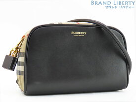 【新品同様】バーバリー　BURBERRY　ヴィンテージチェック　ハーフキューブ　クロスボディバッグ　斜め掛け ショルダーバッグ　カメラバッグ　ショルダーポーチ　ポシェット　ポーチ　小物入れ　キャンバス レザー　【中古】