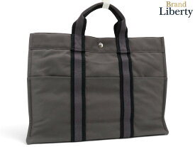 【未使用】エルメス HERMES フールトゥMM トートバッグ ハンドバッグ グレー ブラック キャンバス　【中古】