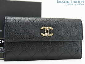 【ほぼ新品】シャネル　CHANEL　マトラッセ　ココマーク　キャビアスキン　二つ折り長財布　ブラック ゴールド金具　グレインドカーフスキン　AP2484　【中古】