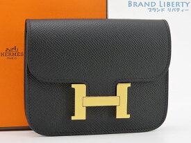 【新古品】エルメス　HERMES　コンスタンス スリム　二つ折り財布　コインケース　カードケース　コンパクト財布　ミニウォレット　ブラック イエローゴールド金具GP　ヴォーエプソン　【中古】