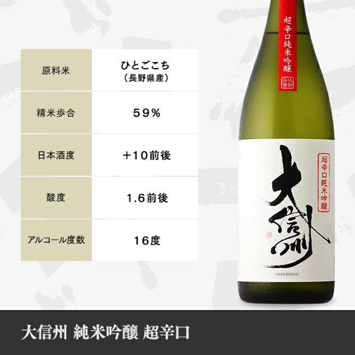 楽天市場】大信州 純米吟醸超辛口 1800ml 【日本酒/長野県/大信州酒造】【冷蔵推奨】 : 美好屋酒店 楽天市場】大信州 純米吟醸超辛口 1800ml 【日本酒/長野県/大信州酒造】【冷蔵推奨】 : 美好屋酒店