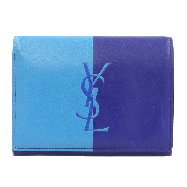 即納送料無料!Yves Saint Laurent イヴサンローラン レザー 二つ折り コンパクト財布 ブルー gy