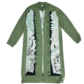【ポイント10倍】 エルメス カーディガン レディース ツイルレーヌ LE JARDIN DE LA MAHAR マハラニの庭 ロングカーディガン ニット切り替え アパレル 服 HERMES 34 グリーン 緑 シルク 春 秋 美品【中古品】