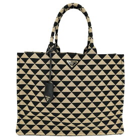 プラダ ハンドバッグ レディース エンブロイダリー ファブリック トートバッグ トライアングルロゴ PRADA 2VG099 キャンバス レザー ベージュ ブラック 黒 ゴールド金具【中古品】