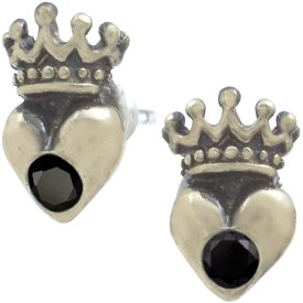 ブラックジルコニア アンティークゴールド ハートクラウン シルバーピアス(ペア)