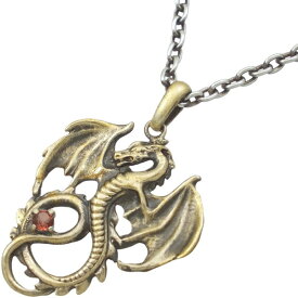 (1月)ガーネット アンティークゴールド フライング ドラゴン シルバーペンダントトップ 誕生石