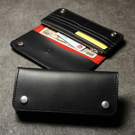 ロングトラッカーズウォレット 黒【長財布/ロングウォレット/バイカーズウォレット/ライダースウォレット/ショートウォレット/トラッカーウォレット/本革/レザー/イタリアンレザー/サドルレザー/ボタンフラップ/TALON/タロン/手縫い/ハンドメイド/日本製/国産】